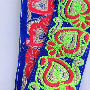 Royal Blue Art Silk Fabric Trim With Neon Green, Red & Gold Floral Embroidery, Indian